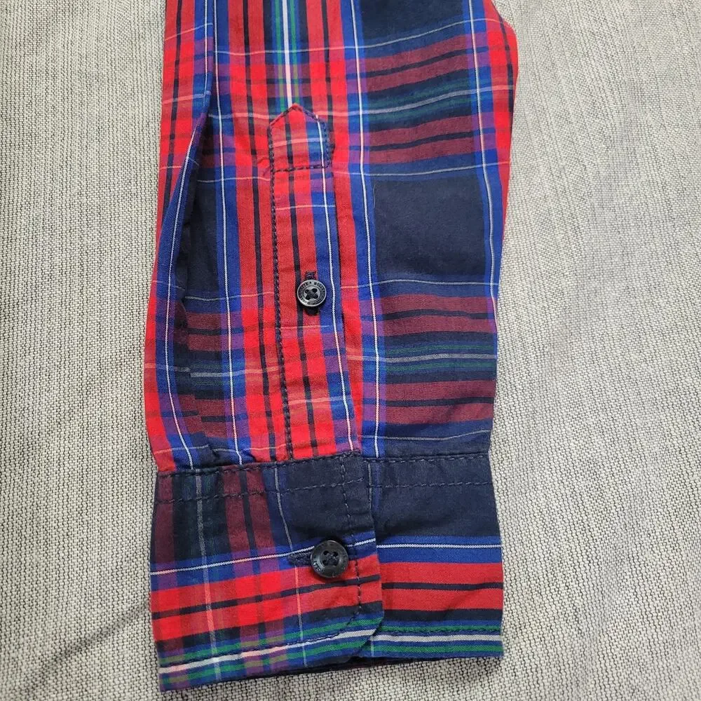 Holly Whyte Lindex Boys LG Tartan Plaid Navy Red Holiday Christmas Shirt EUC